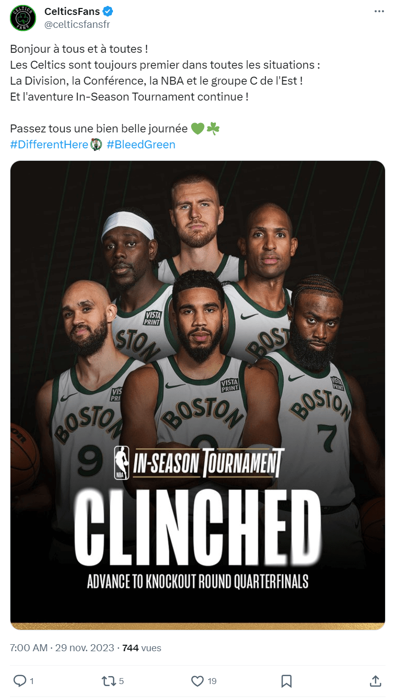 Tweet de l'équipe de basket Celtics